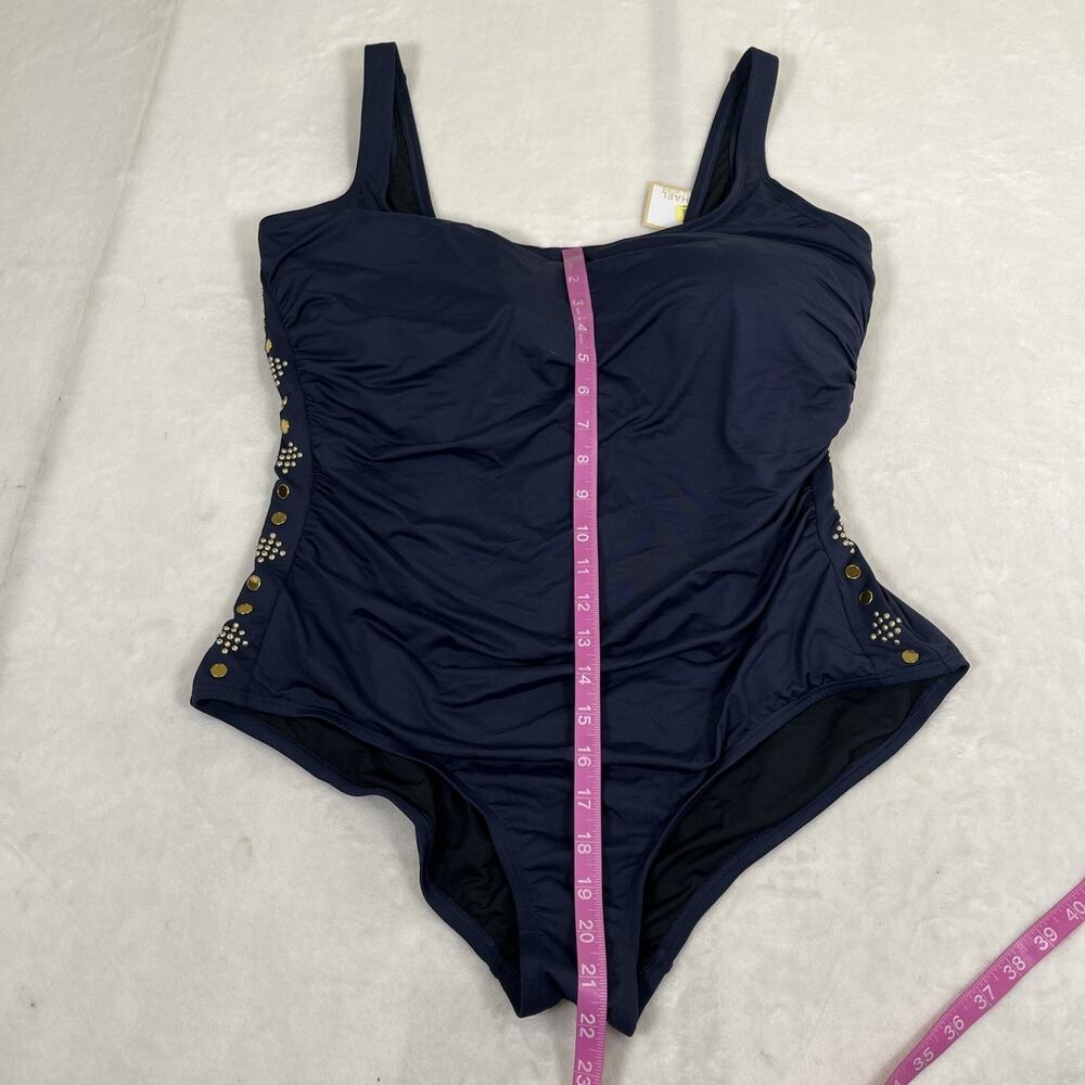 NWT Michael Kors U-Neck Gold Studded Sides Maillot 1-PC Swimsuit Navy Blue 22W - Picture 4 of 15